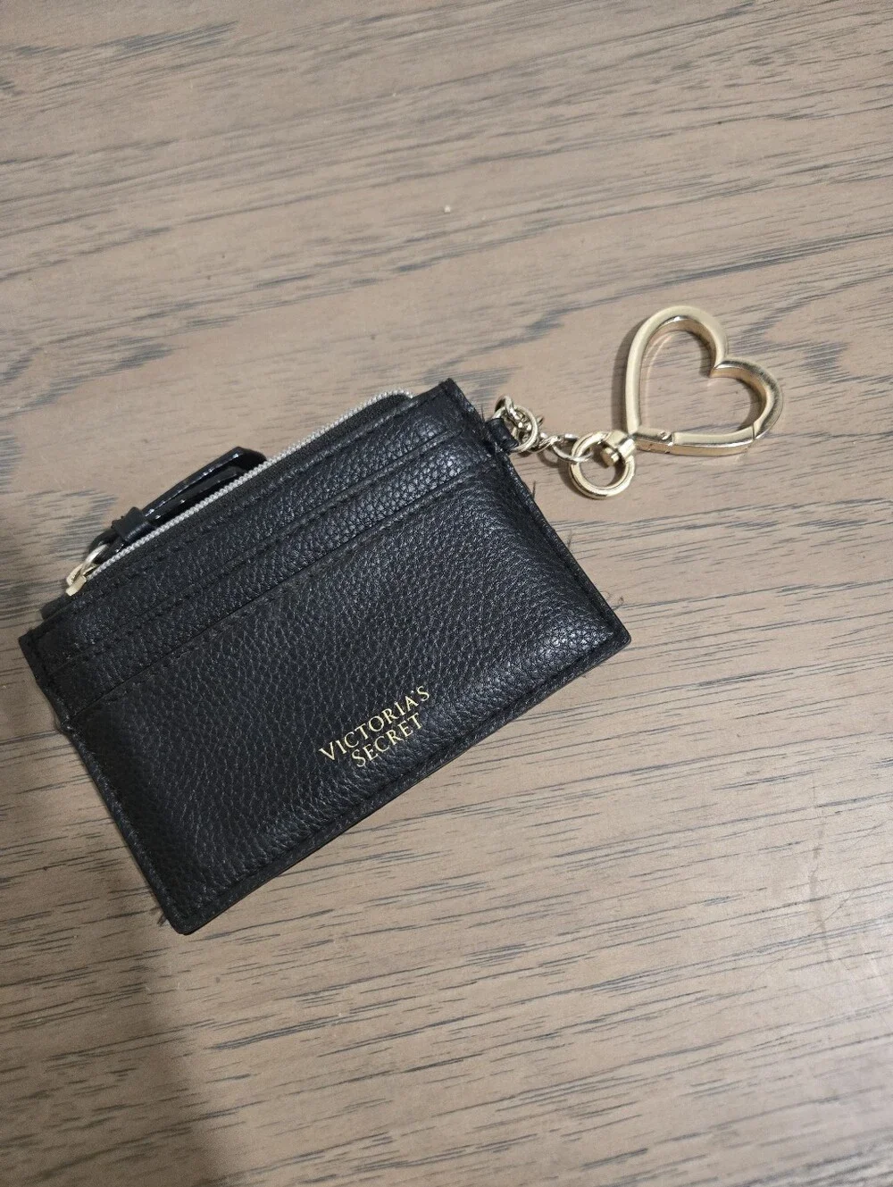 Victorias Secret Black Leather Card Wallet with Heart Keychain